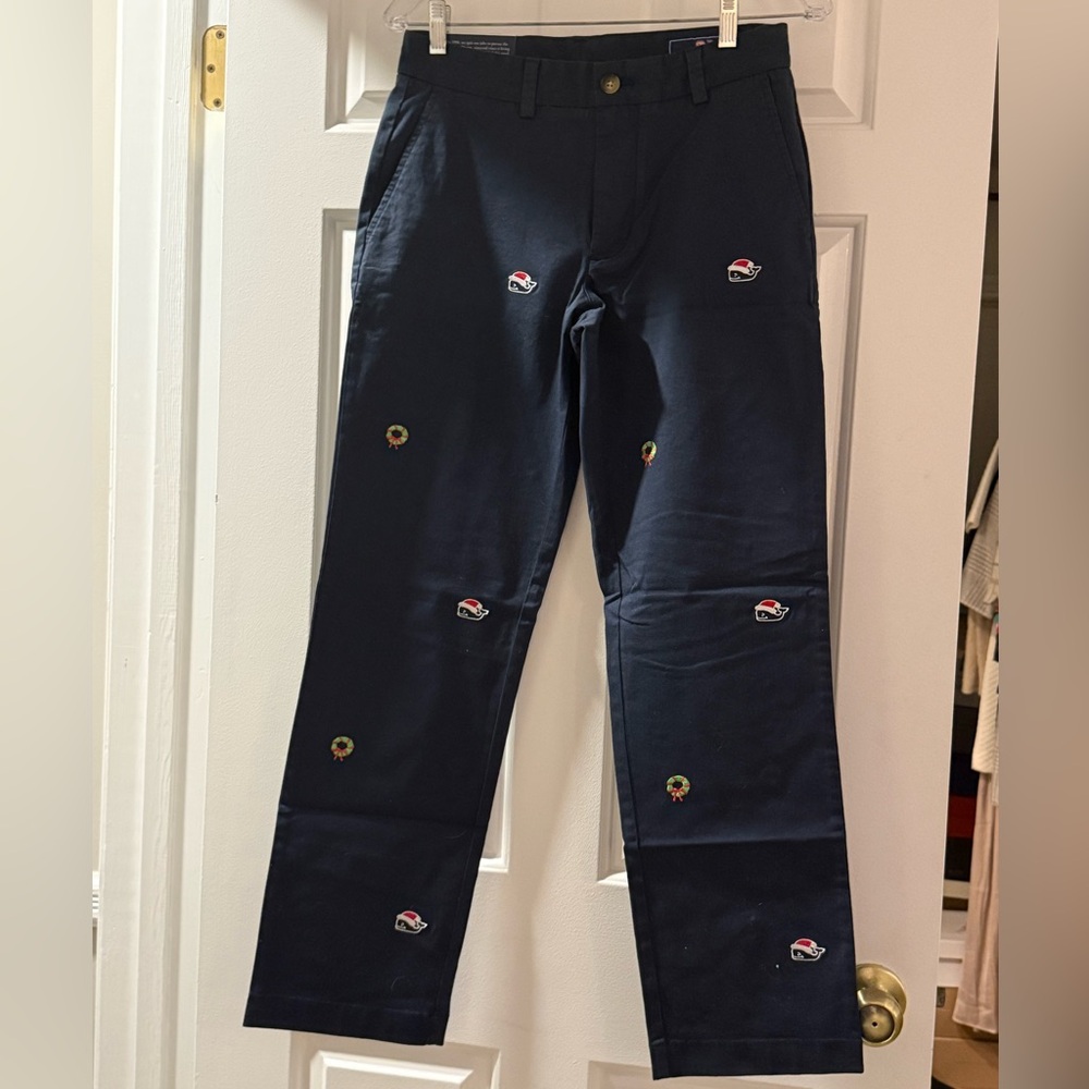 NWT Boys Vineyard Vines Navy Blue Christmas Embroidered Breaker Pants Sz 28x30